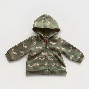 Okie Dokie Baby Girl Hooded Zip Up Sweatshirt Olive Green w Rainbows Sz 3 MO